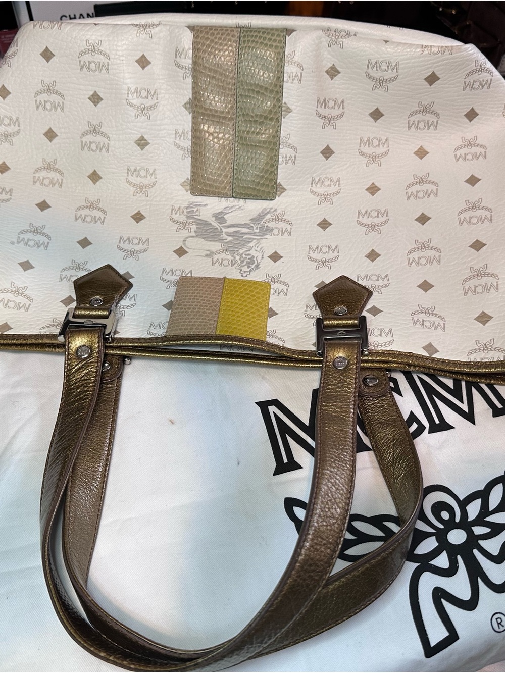 MCM White Visetos Tote with Gold Trim and Multicolor Stripe - Picture 10 of 15